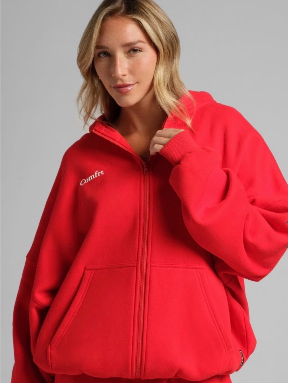 Comfrt Women’s Red Zip-Up Oversized Hoodie